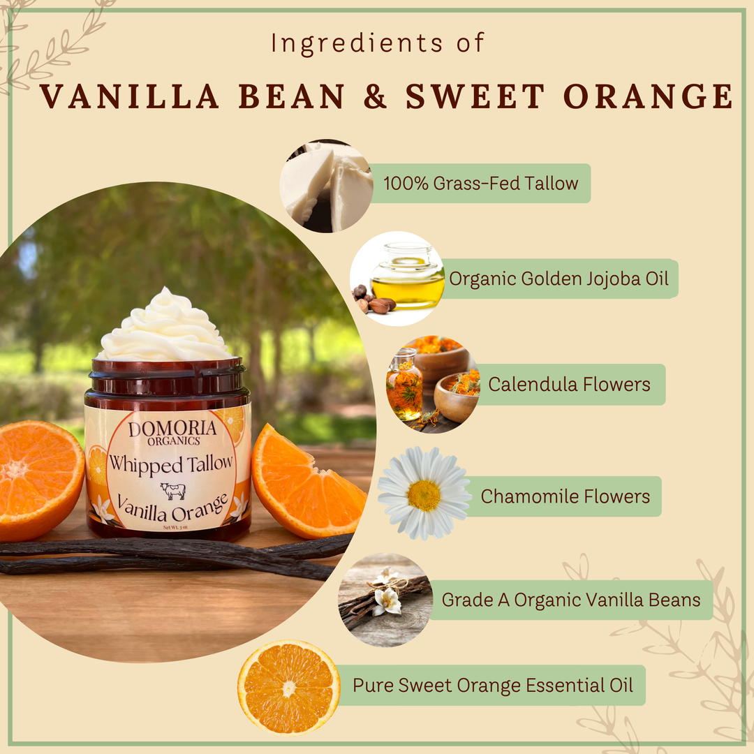 Whipped Tallow Balm - Vanilla & Orange with Real Vanilla Beans, Herb-Infused Chamomile & Calendula Moisturizer