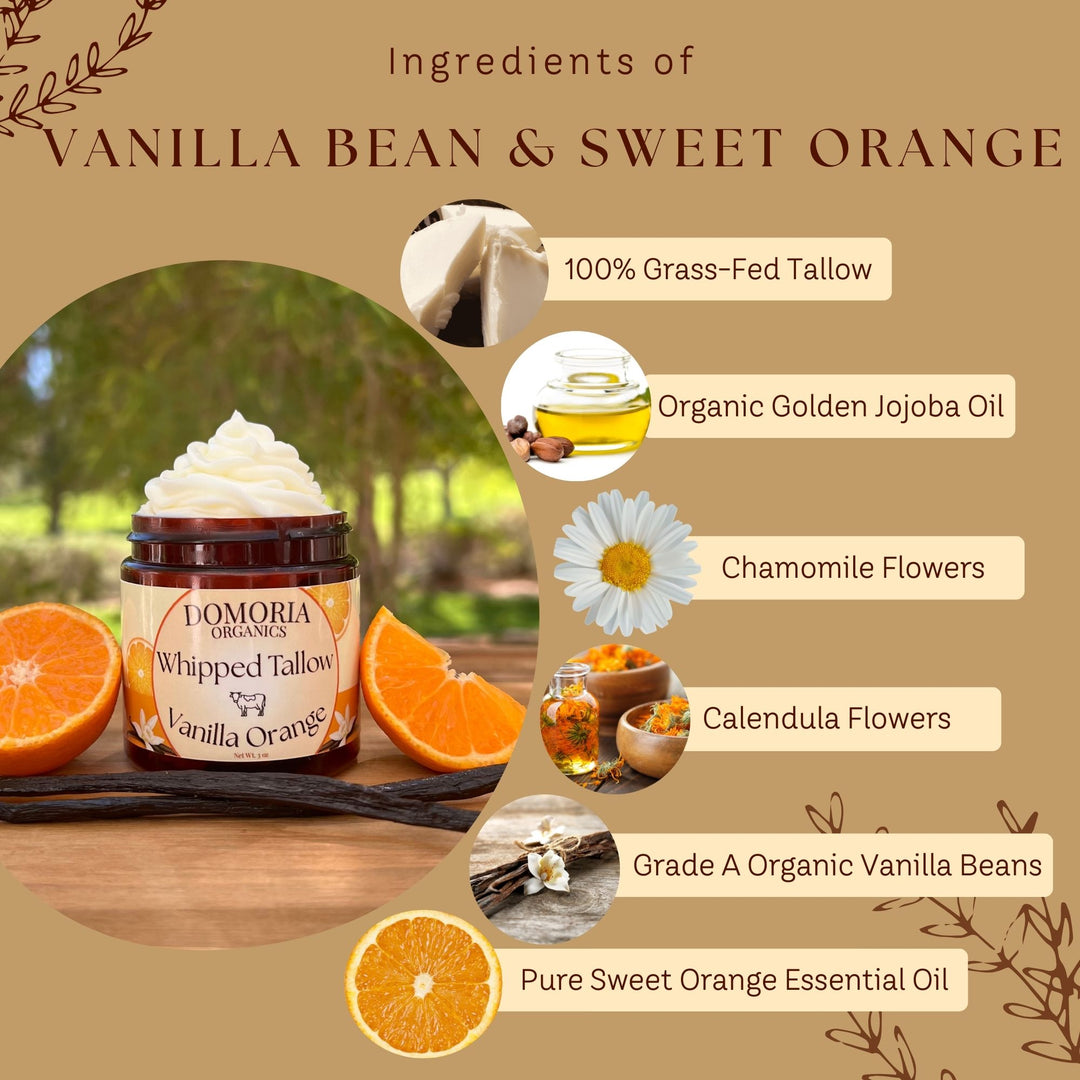 Whipped Tallow Balm - Vanilla & Orange with Real Vanilla Beans, Herb-Infused Chamomile & Calendula Moisturizer
