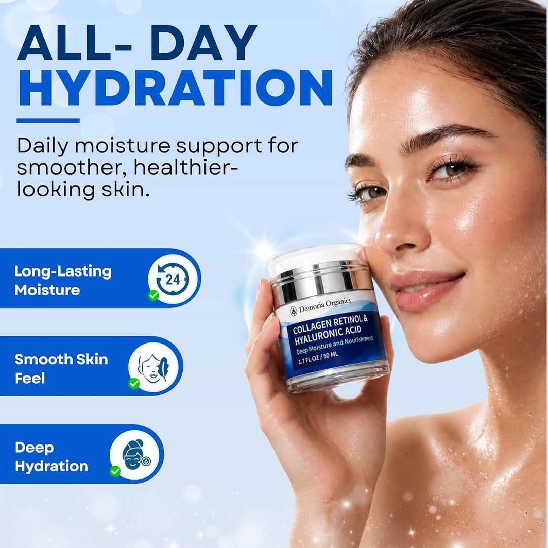 Retinol, Collagen & Hyaluronic Acid Moisturizer for Face and Neck - Hydrating Cream for Women & Men. Day and Night Skin Care 1.7 fl oz