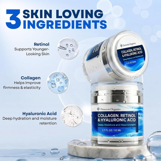 Retinol, Collagen & Hyaluronic Acid Moisturizer for Face and Neck - Hydrating Cream for Women & Men. Day and Night Skin Care 1.7 fl oz